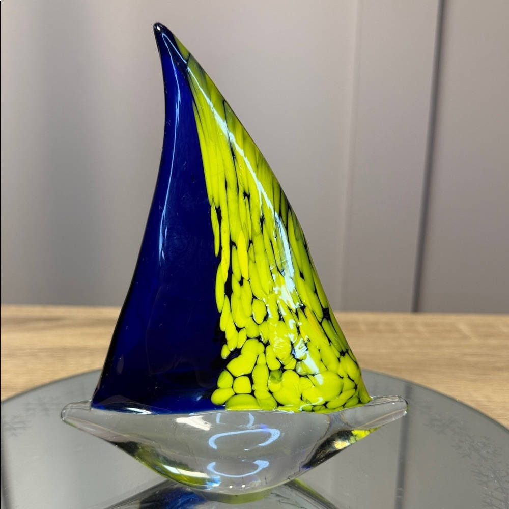 Glass Murano-Style Sailboat Blue/Yellow & clear 5” W 6” T Paperweight  NICE